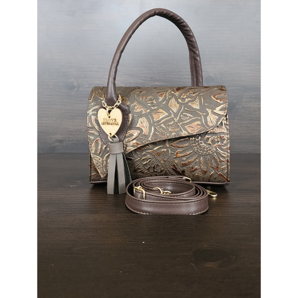 Dark Brown Gold Sunflower Embossed Tooled Artisan LEATHER Crossbody bag - Picture 8 of 15